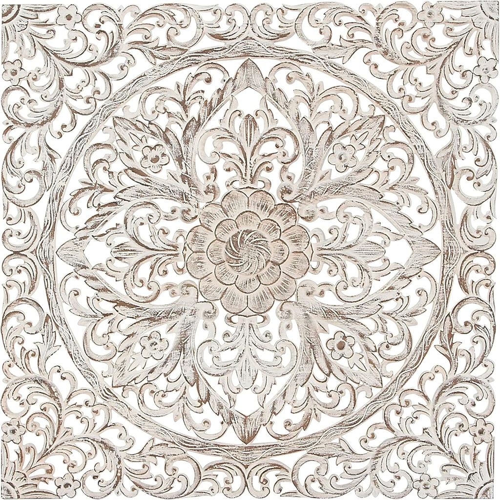 Deco 79 Wood Floral Handmade Home Wall Decor Intricately Carved Mandala Wall Sculpture with Brown Distressing, Wall Art 36" x 1" x 36", White