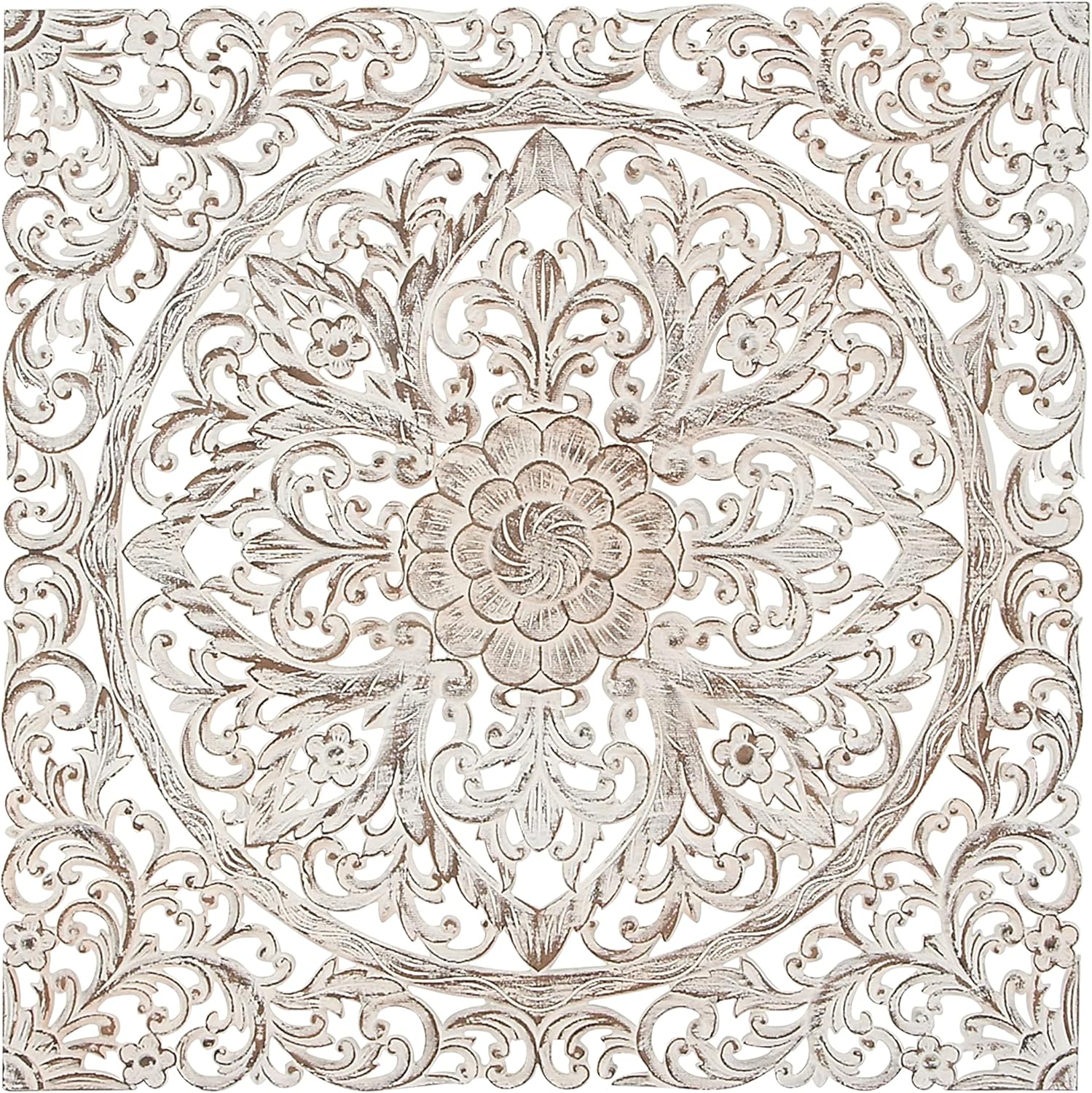Deco 79 Wood Floral Handmade Home Wall Decor Intricately Carved Mandala Wall Sculpture with Brown Distressing, Wall Art 36" x 1" x 36", White