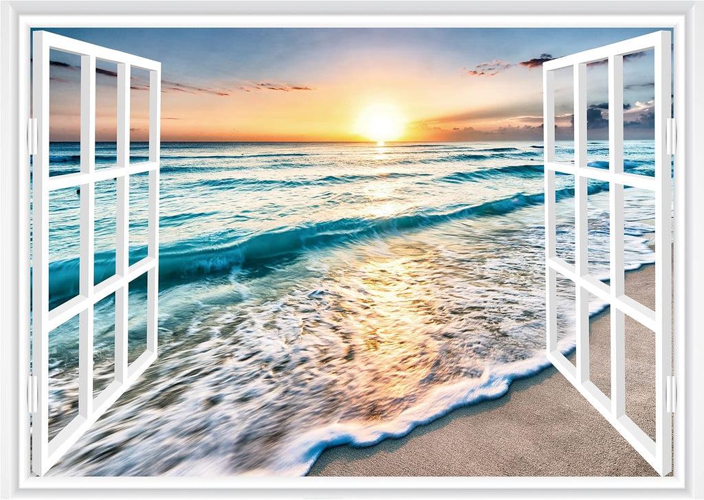 FLFK Fake Window Wall Sticker - Sunset Beach Faux Window Wall Mural for Wall Decor, Stick and Peel Wall Decals,48"x32",Set of 2 Sheets