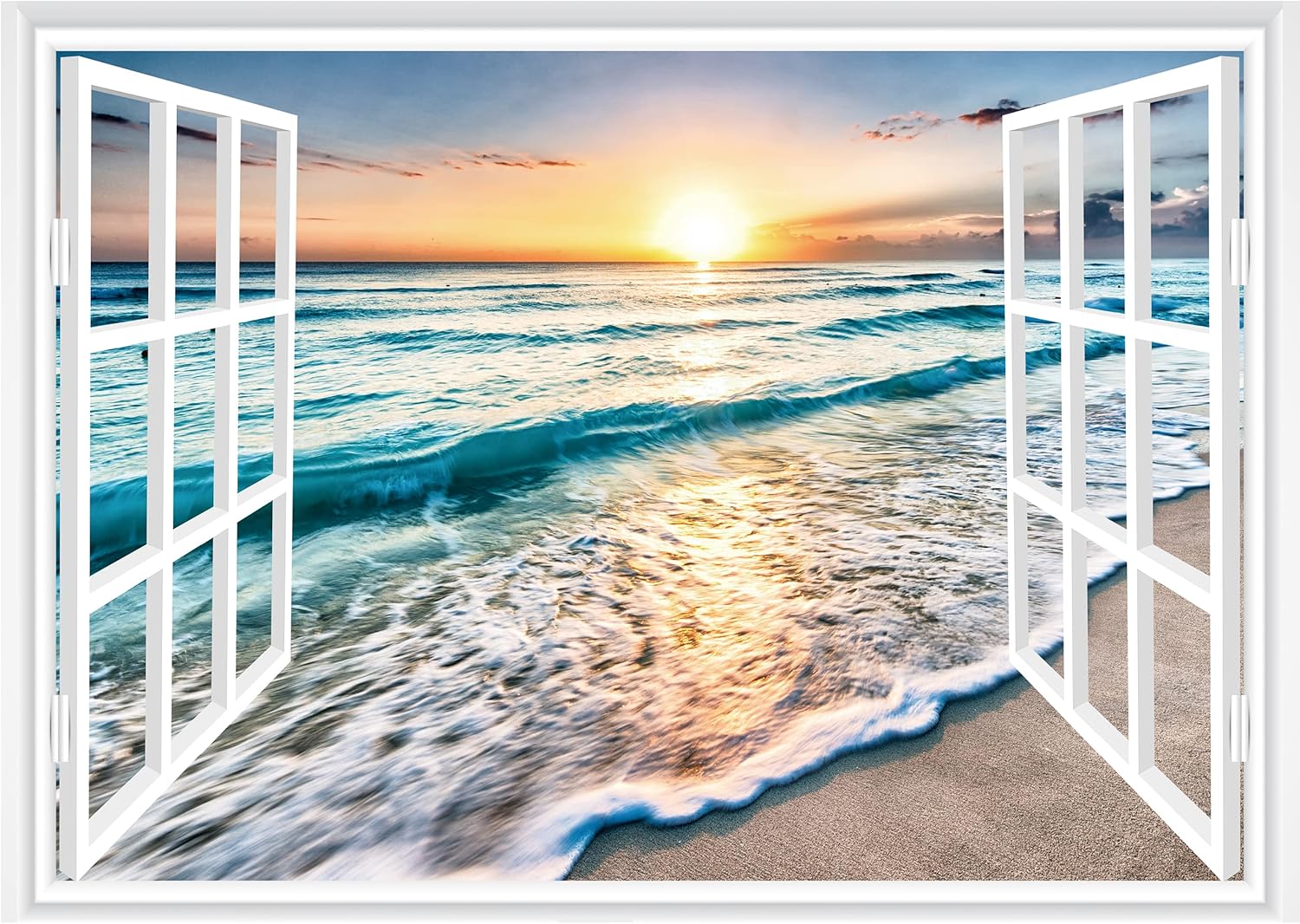 FLFK Fake Window Wall Sticker - Sunset Beach Faux Window Wall Mural for Wall Decor, Stick and Peel Wall Decals,48"x32",Set of 2 Sheets