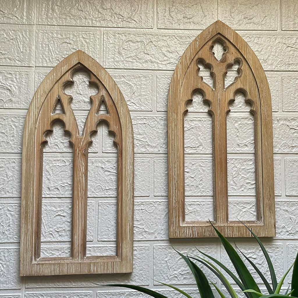 Set of 2 Whitewashed Wood Gothic Arch Window Frame Wall Hangings - Sculptural Elegance for Your Home Decor - 15.75 Inches High, Timeless and Enchanting Ambiance