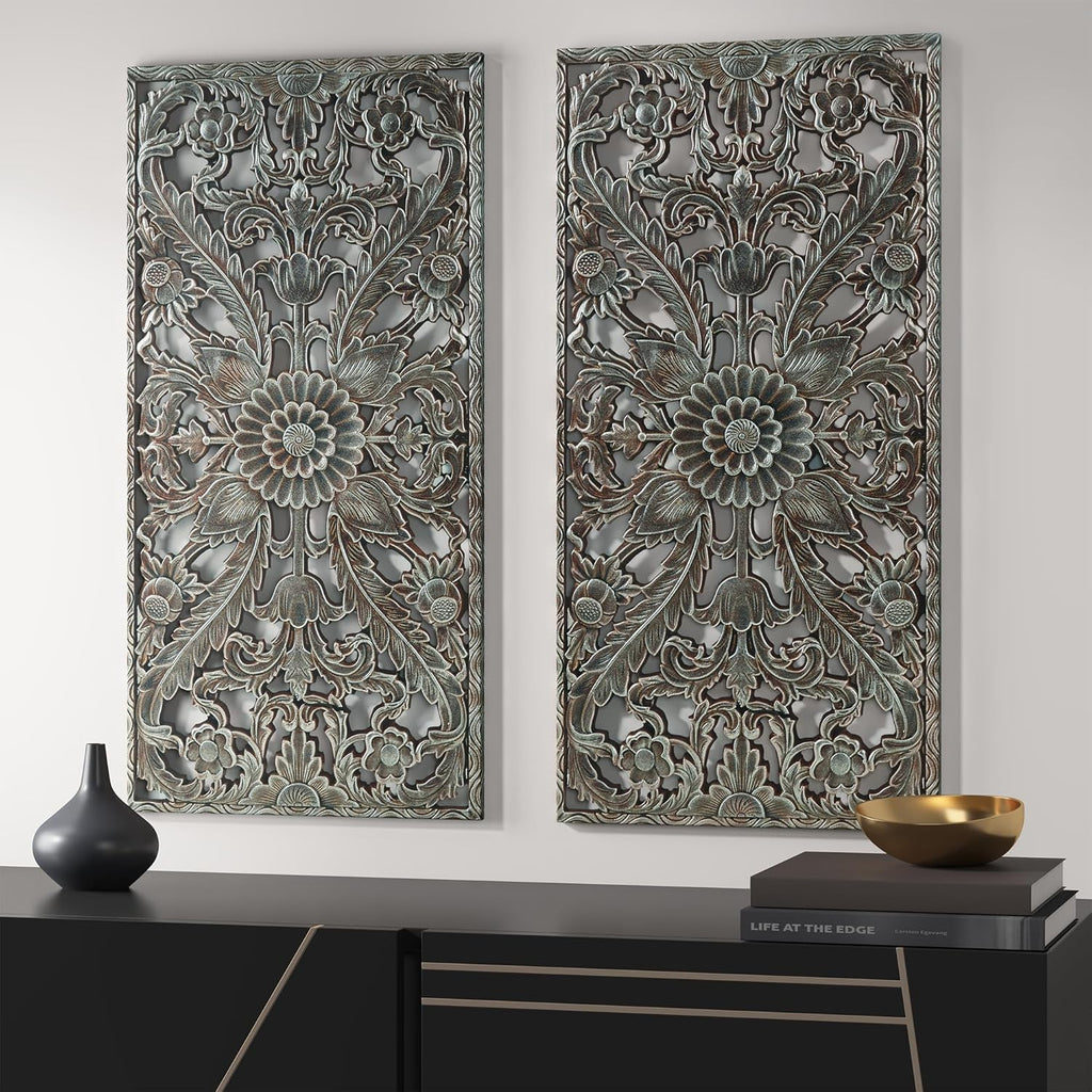 Madison Park Carved Wood Wall Art 2 Piece, Floral Wooden Carving Wall Decor, Blue Wall Art Living Room Bedroom, Copper Embellished Boho, Ready to Hang, 15.75"W x 31.5"L, Patina Blue