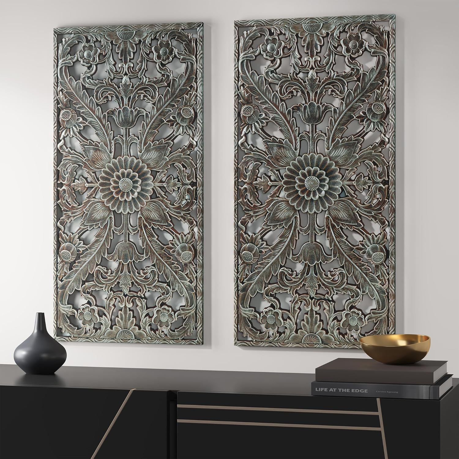 Madison Park Carved Wood Wall Art 2 Piece, Floral Wooden Carving Wall Decor, Blue Wall Art Living Room Bedroom, Copper Embellished Boho, Ready to Hang, 15.75"W x 31.5"L, Patina Blue