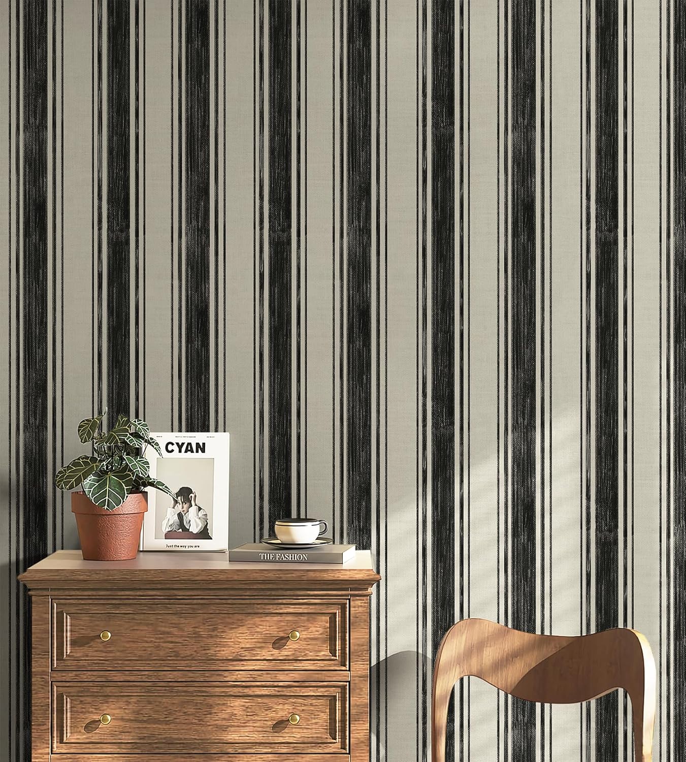 Safiyya Black and Cream White Hand-Painted Striped Wallpaper Peel and Stick Contact Paper 17.3"×393" Beige Vintage Wall Paper Self Adhesive Removable Wallpaper for Bedroom Bathroom Decorative Vinyl
