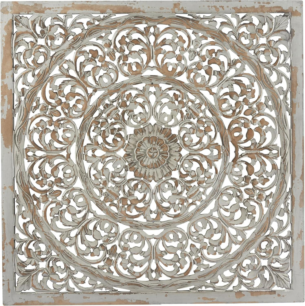 Deco 79 Wooden Floral Handmade Carved Scroll Mandala Wall Decor with Brown Distressing, 36" x 1" x 36", Gray