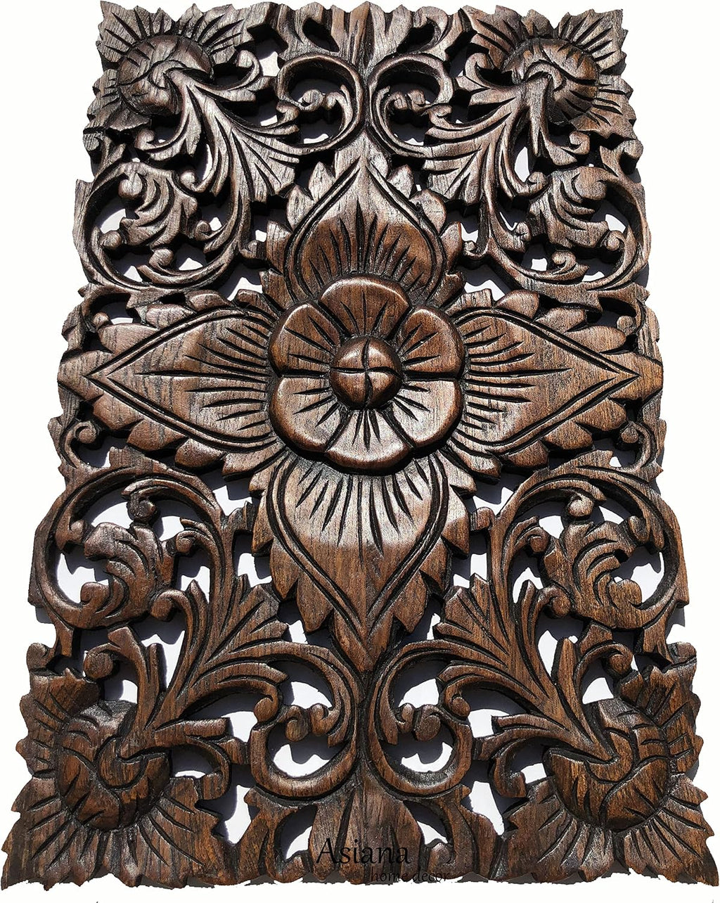 Set of 3. Wall Art Wood Carved Panel Floral Design. Tropical Wall Decor in Size 12"x17.5"x0.5" (Dark Brown)