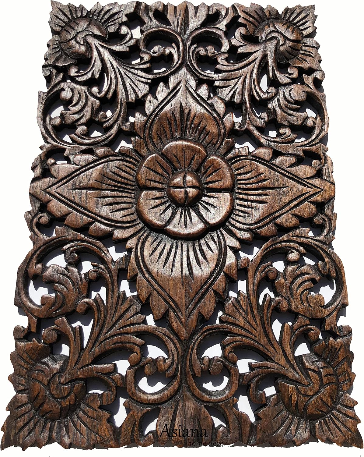 Set of 3. Wall Art Wood Carved Panel Floral Design. Tropical Wall Decor in Size 12"x17.5"x0.5" (Dark Brown)