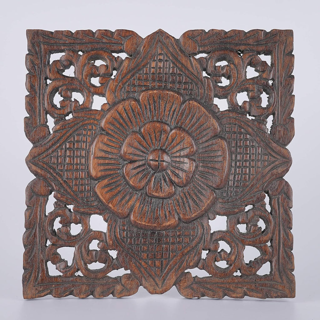 Farmhouse Small Square Wood Carving Panel, Black Wash Painted Wall Art Hanging, 12 inches