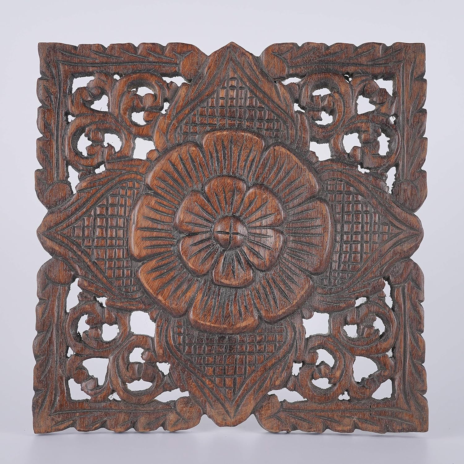 Farmhouse Small Square Wood Carving Panel, Black Wash Painted Wall Art Hanging, 12 inches