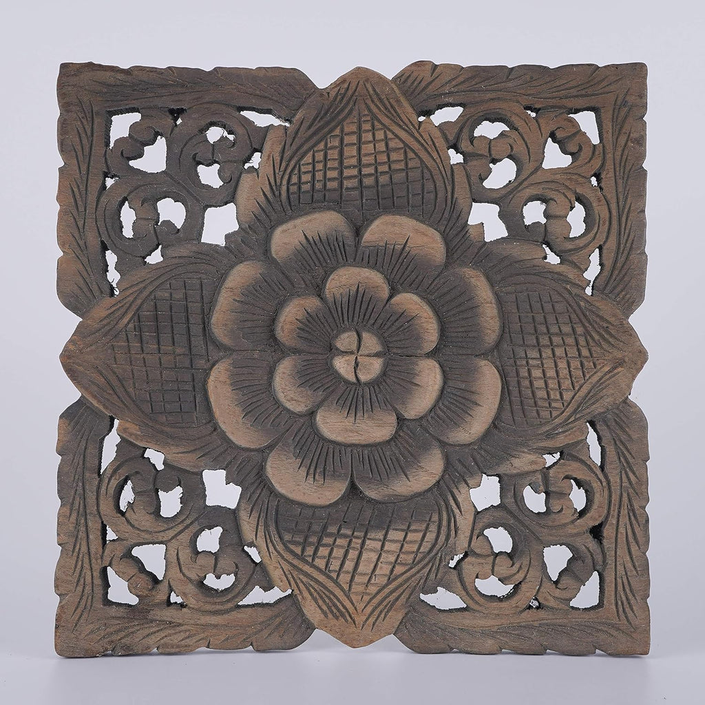 Farmhouse Small Square Wood Carving Panel, Black Wash Painted Wall Art Hanging, 12 inches