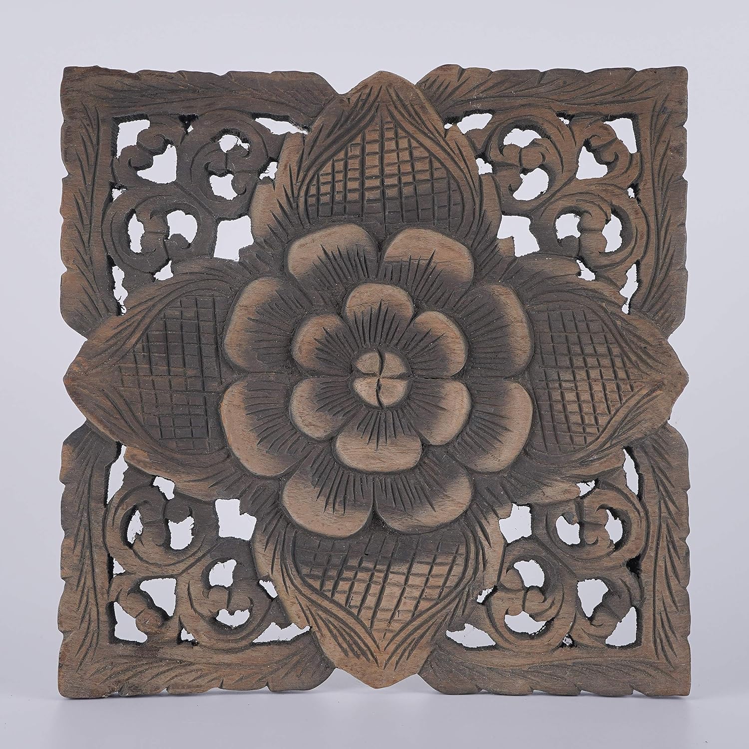 Farmhouse Small Square Wood Carving Panel, Black Wash Painted Wall Art Hanging, 12 inches